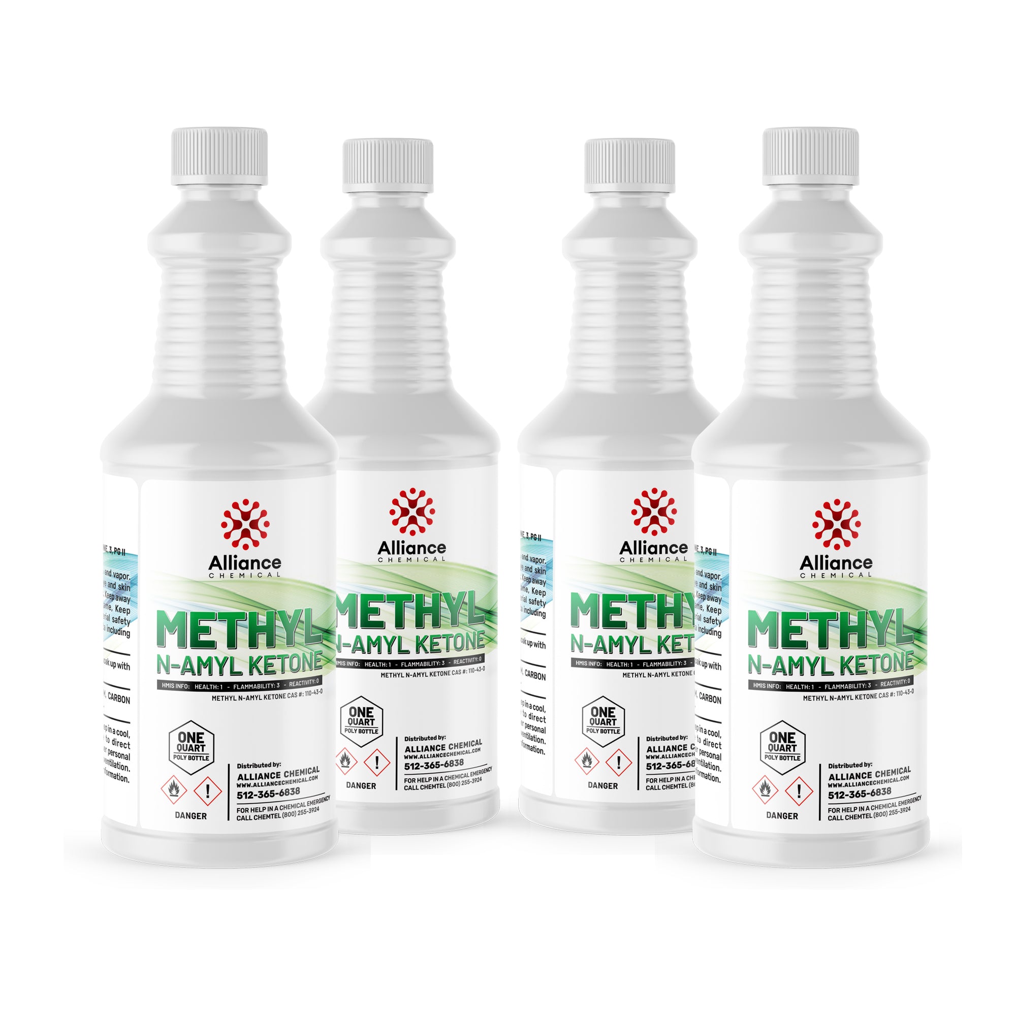 1-quart bottles of Methyl N-Amyl Ketone (MNAK) by Alliance Chemical in white HDPE containers with safety caps, flammability warnings and GHS hazard symbols.